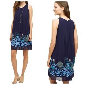 Anthropologie Not So Serious Woodvine Swing Dress Navy Sleeveless Flare sz 2 4